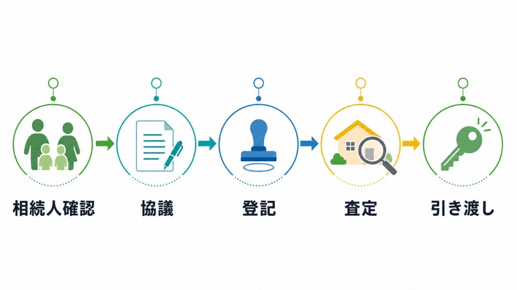相続人確認→協議→登記→査定→引き渡し